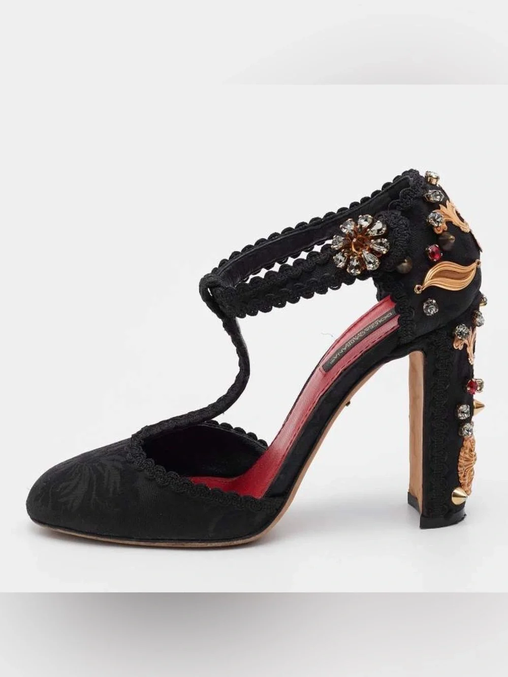 Black CrystEmbellished T-Strap High Heel piece of art 5 L45-A11